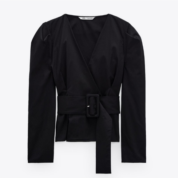 NWT* Zara Belted Puff Shoulder Poplin Wrap Blouse Black Top Shirt - Picture 11 of 12